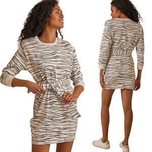 Saylor Rudie Mini Dress Zebra Print Sweatshirt Cotton Tie Waist Long Sleeve